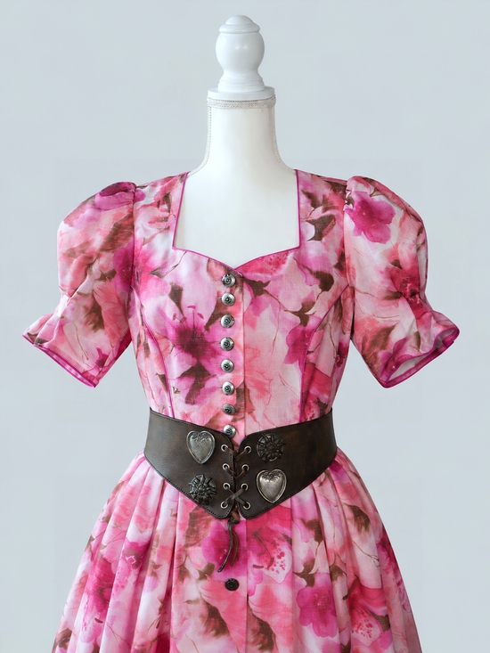 Vintage Dresses & Skirts - Vintage Pink Floral Midi Dress with Puff Sleeves and Belt, Cottagecore, Dirndl